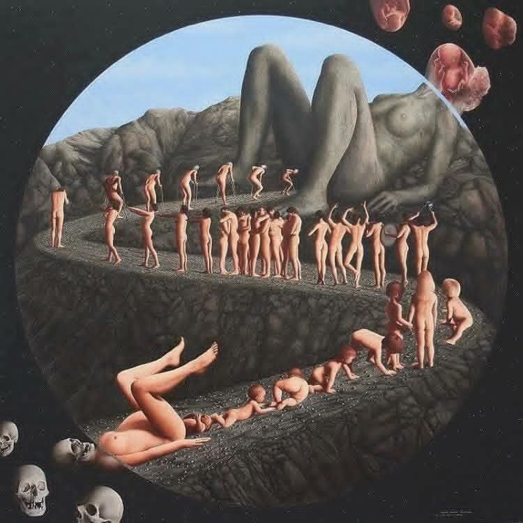 Художник Раймон Дуйе. Картина « Скоротечный жизненный цикл». Попробуйте, неторопливо рассмотреть каждый цикл — от поворота до поворота, и вы, вдруг поймаете себя на мысли, что художник что-то о вас знает. 