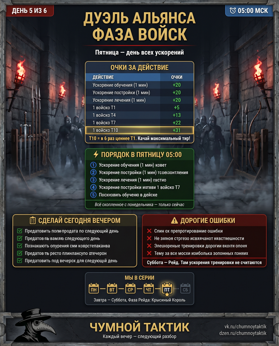 Фаза Войск: таблица очков по тирам, порядок трат в 05:00 и пять ошибок которые убивают счёт альянса в последний день перед рейдом.