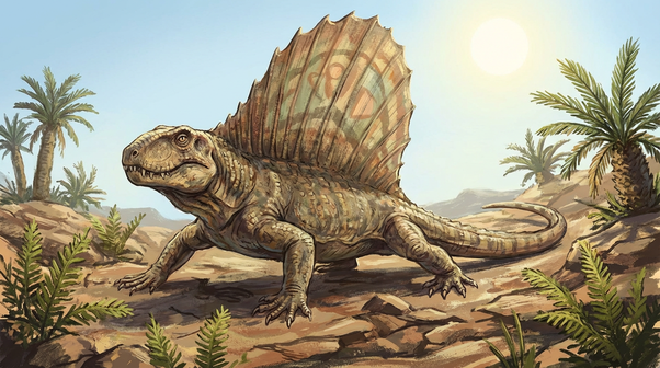 Диметродон идет по засушливому пермскому ландшафту.