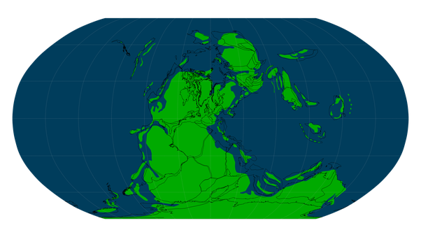 Палеогеографическая карта Земли в раннепермскую эпоху, на которой показано формирование суперконтинента Пангея.