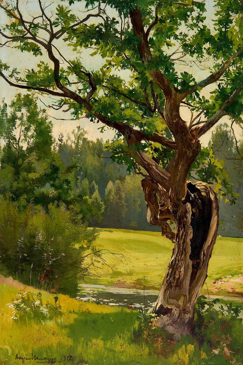 «На берегу реки. Пейзаж со старым деревом», 1917, холст, масло, 45 × 30 см, ШИЛЬДЕР Андрей Николаевич, частная коллекция 