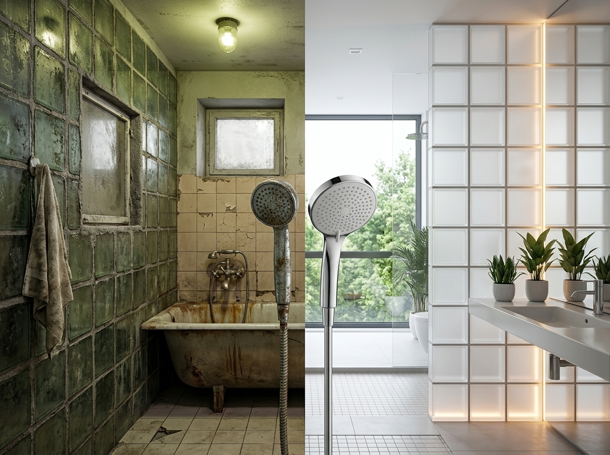 Слева — 90-е, бабушкина ванная: мутные блоки, ржавчина, ужас. Справа — 2026-й: матовые стеклоблоки с подсветкой, душевая open-space. Тот же материал, разный подход. Как повторить — в этой статье. 👆