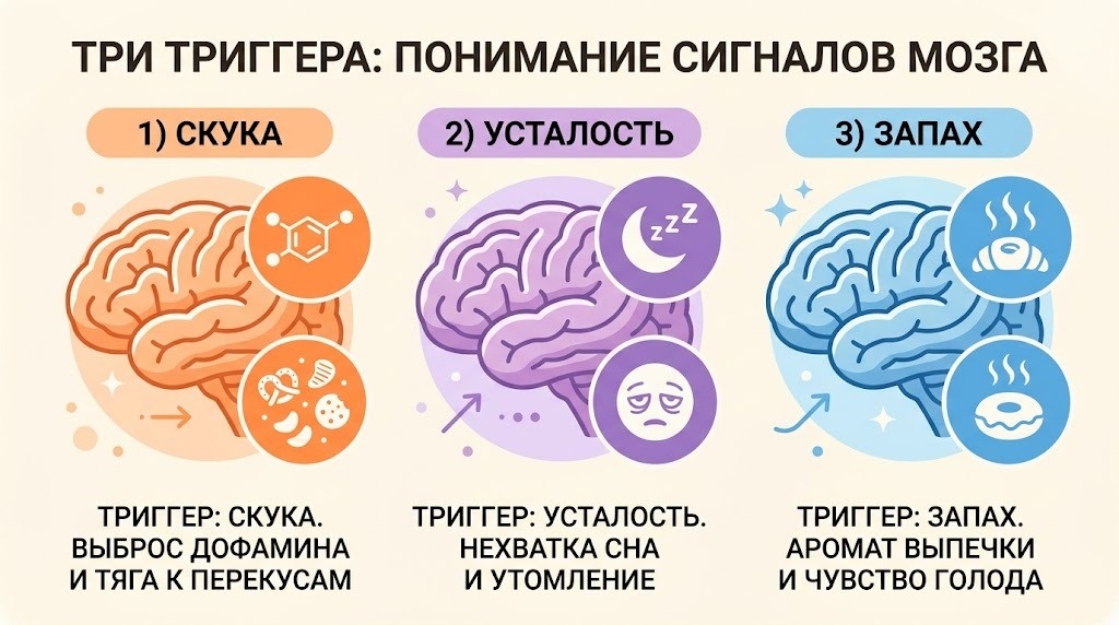 Три триггера в день, которые запускают еду без участия желудка
