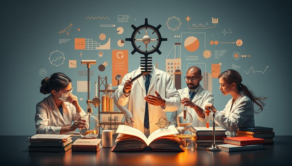    Абстрактное изображение научного знания: ученые работают над экспериментами, исследуют книги и модели.