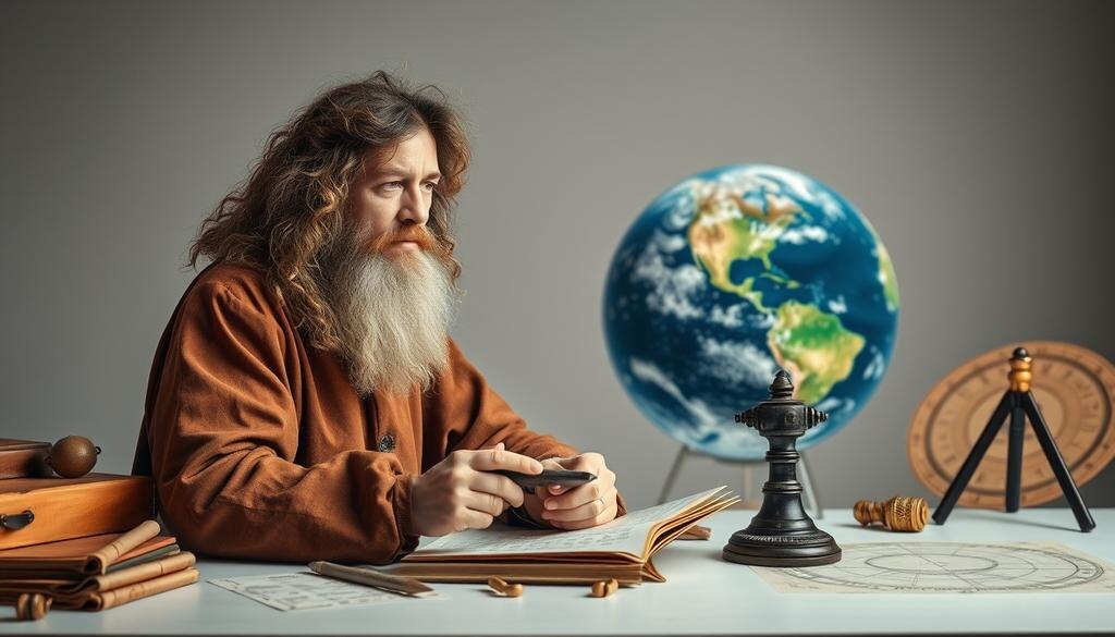    Историческое изображение Николая Коперника, исследующего гелиоцентрическую модель с астрономическими инструментами.