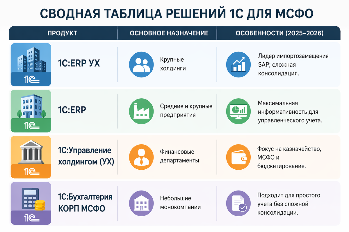 Сводная таблица решения на 1С для МСФО