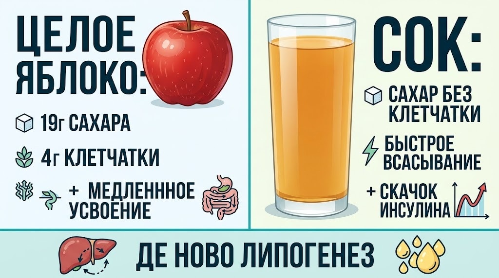 Когда вы едите целое яблоко, вы получаете примерно 19 граммов сахара, около четырёх граммов клетчатки, кусочек работы для зубов и желудка.