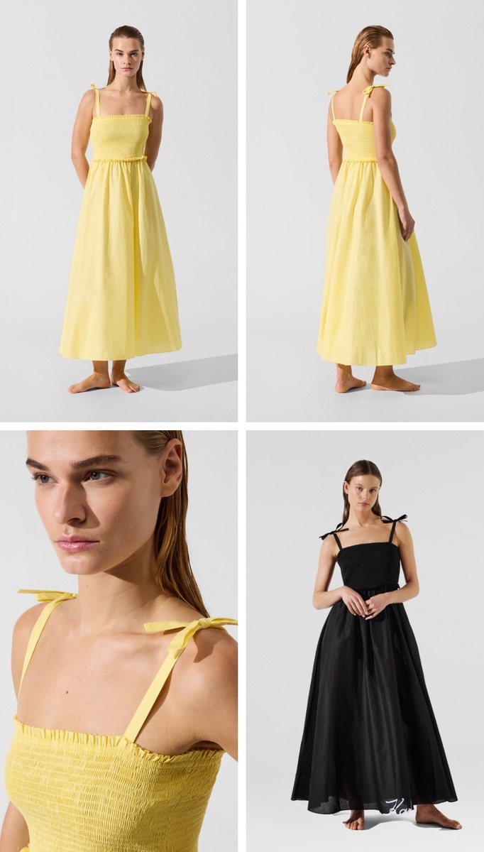 Вид на Сен-Тропе или просто яркий уличный стиль? Этот сарафан на завязках - идеальный пример того, как бренд ушел в «курортный шик». Обратите внимание на лиф, это всем знакомая нам сборка (smocking) остается с нами в этом году. Источник фото: интернет, фотоколлаж автора статьи