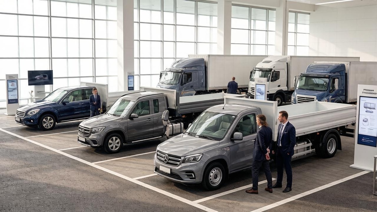    Колонна тяжелых грузовиков на стоянке автозавода в ожидании дефицитных запчастей из-за кризиса