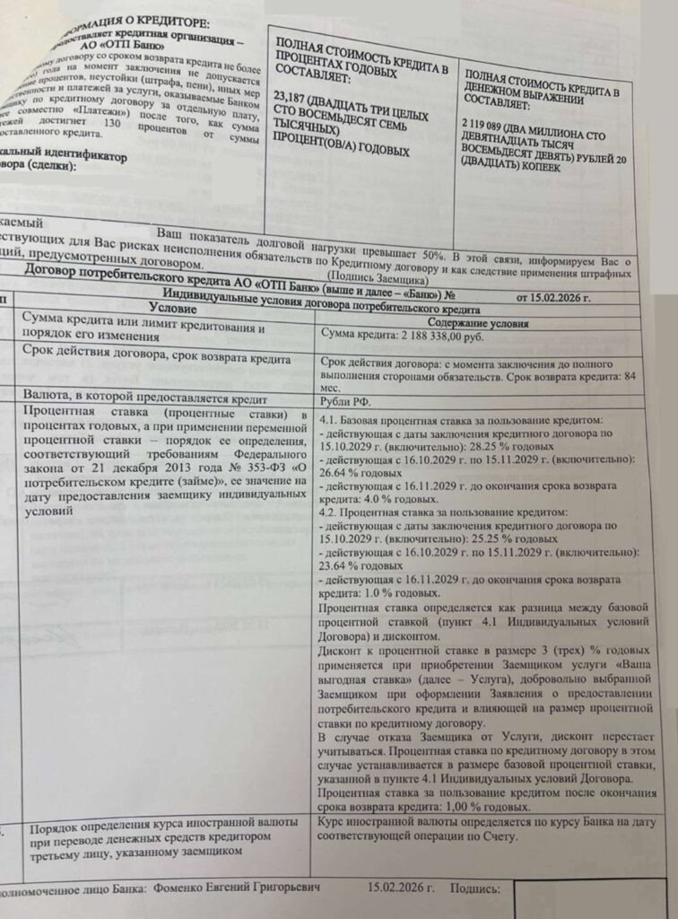 Кредитный договор АО "ОТП банк"