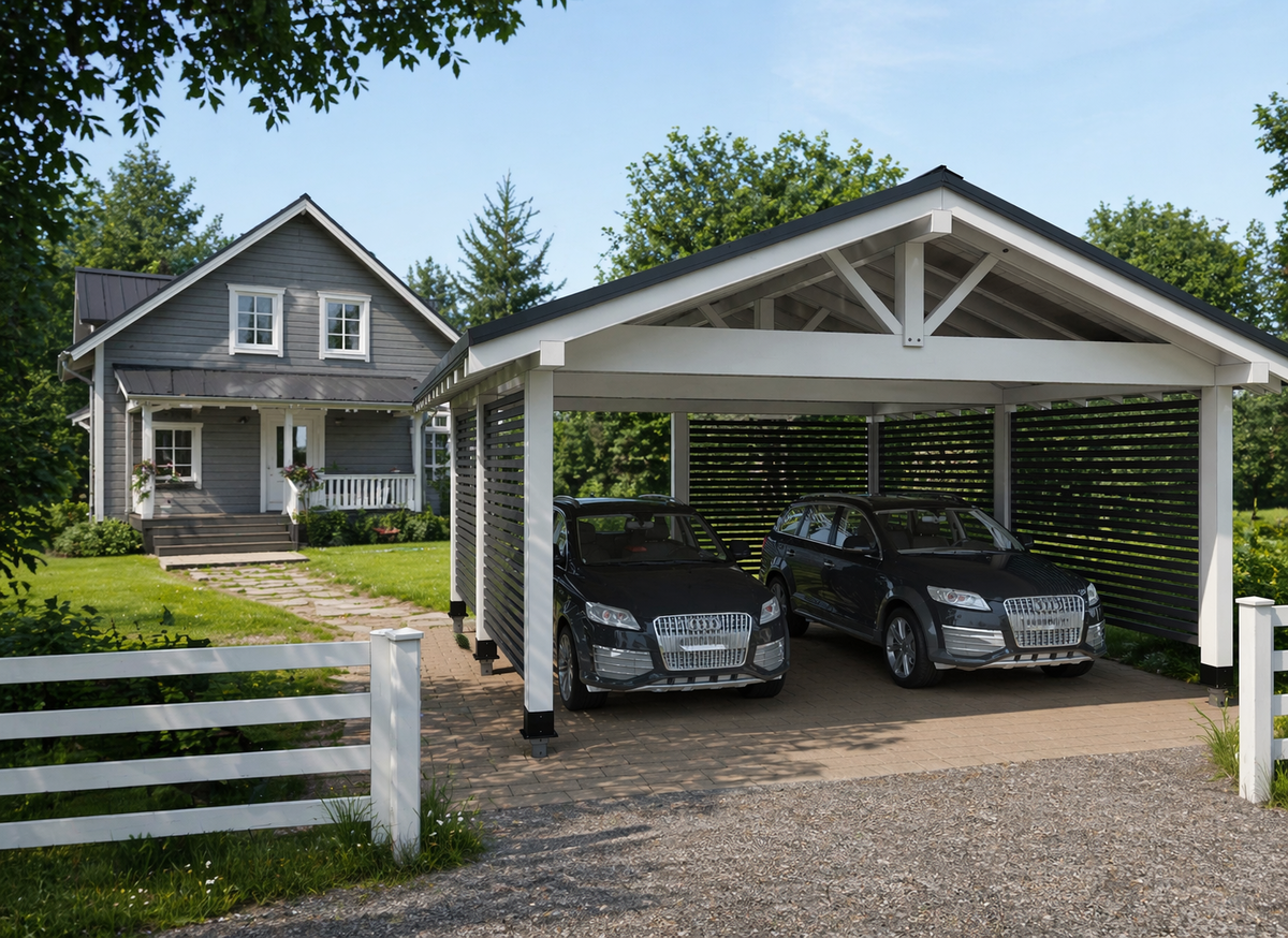 Навес из бруса для автомобилей. Двускатная кровля