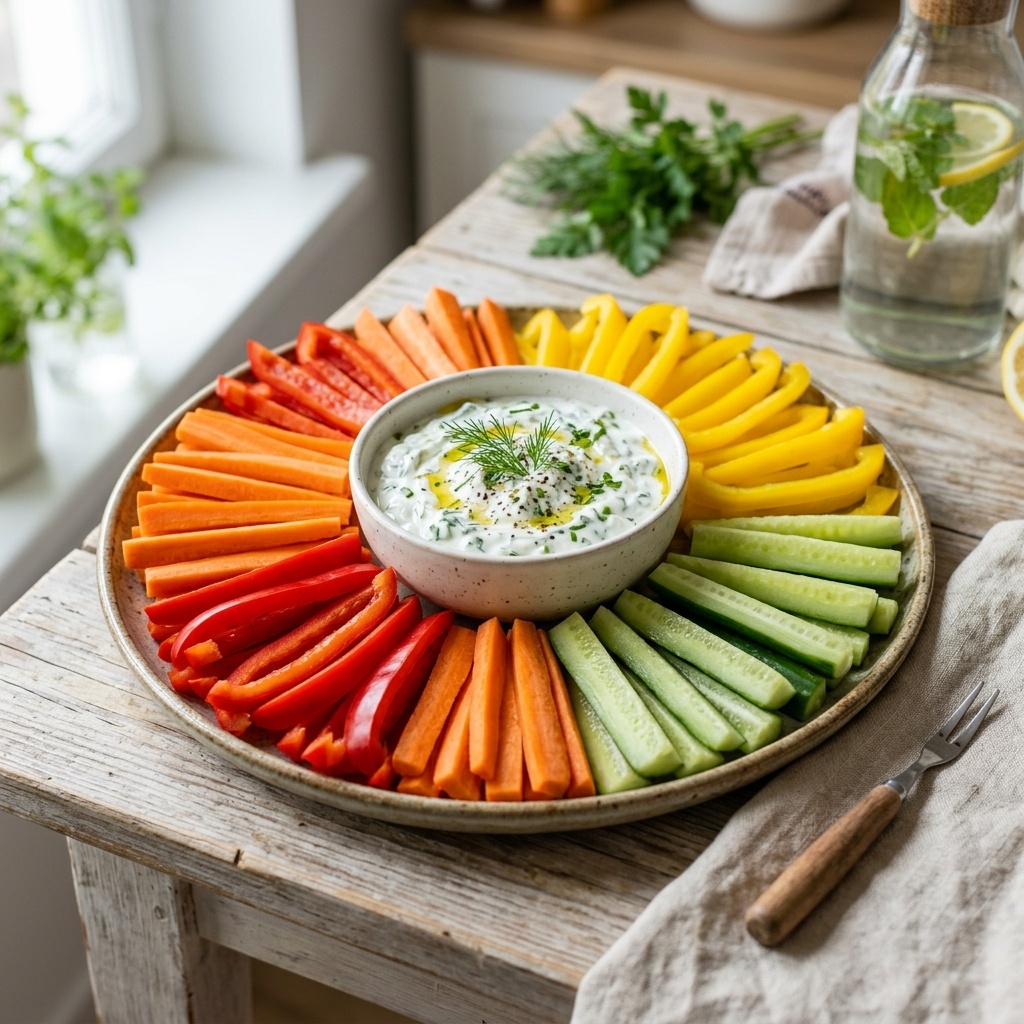 Яркие овощные палочки с белым йогуртовым соусом — перекус-радуга!
