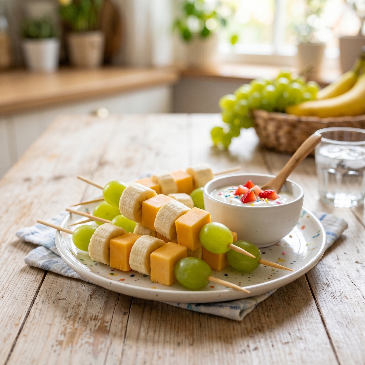 Весёлые шпажки с бананом, сыром и виноградом — перекус-игра!