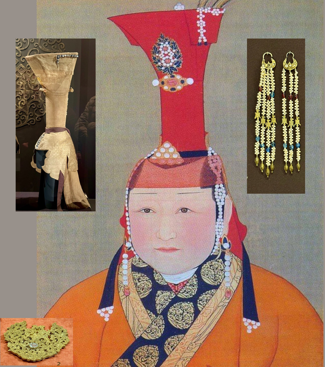Чаби — жена хана Хубилая. хана Монгольской империи и основателя империи Юань (13 век). Женский костюм аристократки периода империи Юань представлен на выставке, включая высокий головной убор Бокка