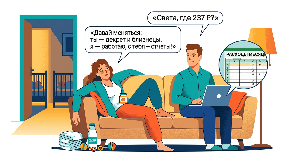 Муж ведёт таблицу расходов и каждый вечер спрашивает, куда я потратила 200 рублей. Зарабатывает он. Я в декрете с двойней