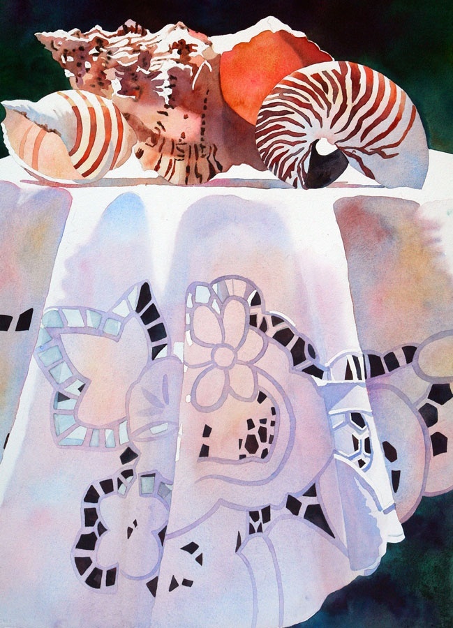 Смотрите: в этой акварели тень часто состоит из смеси разных красок, вплавленных друг в друга. Здесь и ультрамарин, и фиолетовая и капелька сиены жженой, и оранжевый пиррол... Именно промельки теплого в холодном заставляют тень светиться. Автор: Энн Эбготт. Источник изображения - Pinterest. 