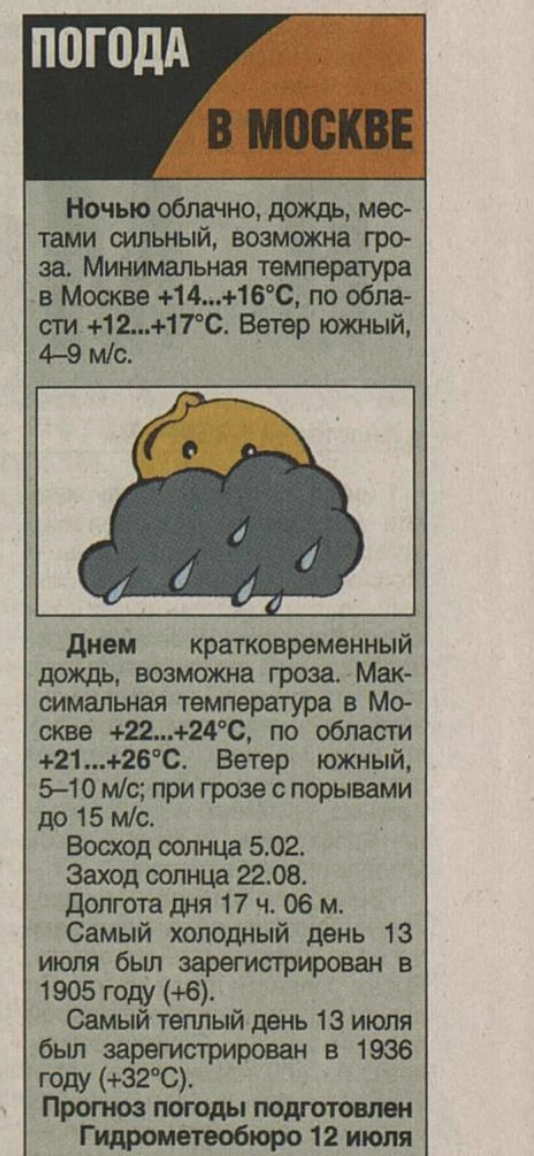 Прогноз погоды на 13 июля 2004 года из газеты "Вечерняя Москва" за 12 июля 2004 года (№126).
