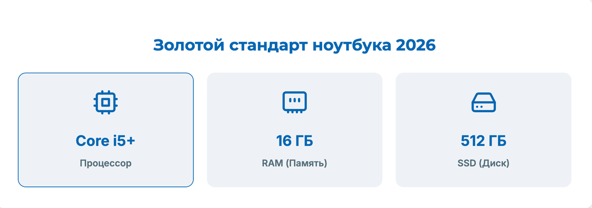 Золотой стандарт ноутбука 2026 — процессор Core i5+, 16 ГБ RAM, SSD 512 ГБ