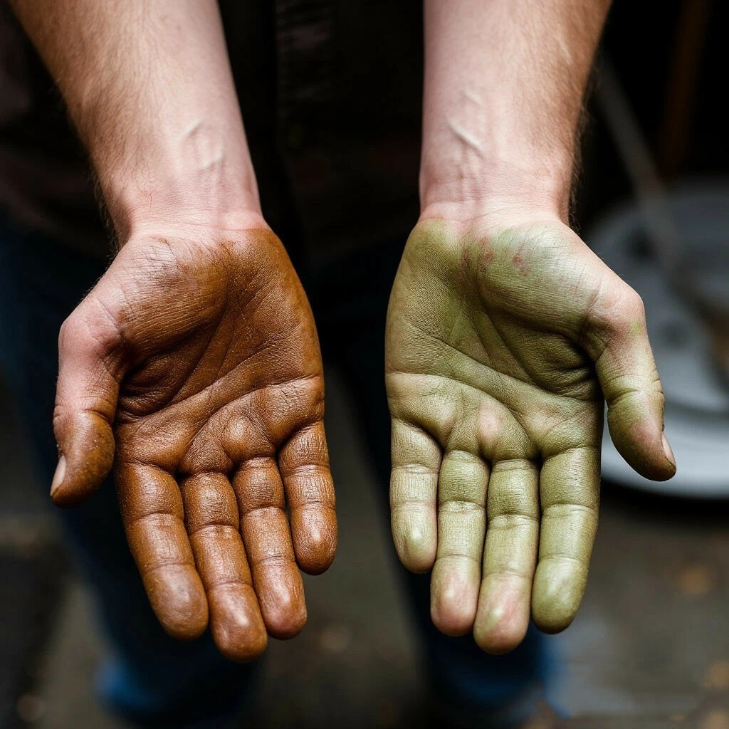 Ладони актера вымозаны исскуственной грязью, по цвету и фактуре она почти не отличается от настоящей