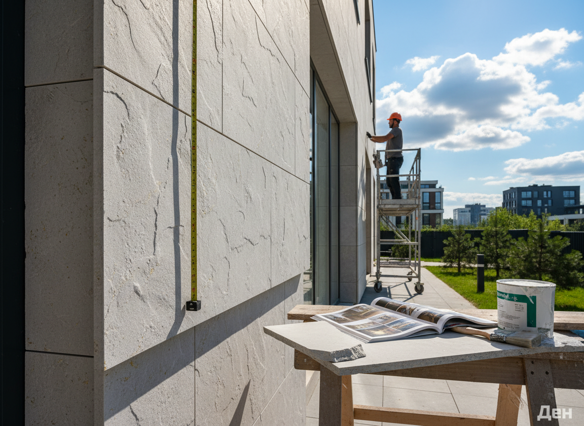 Фасад частного дома облицован декоративными панелями из стеклофибробетона с фактурой натурального камня, видна тонкая толщина материала (20 мм) и высокое качество имитации, солнечный свет, теплые оттенки.