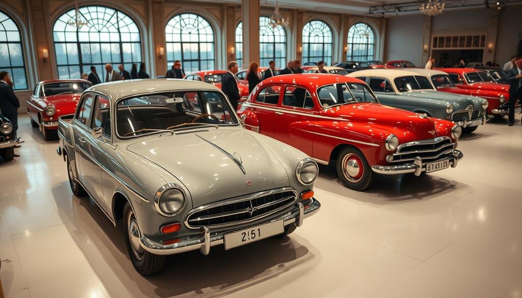    Старинные советские автомобили на аукционе, люди участвуют в торгах.