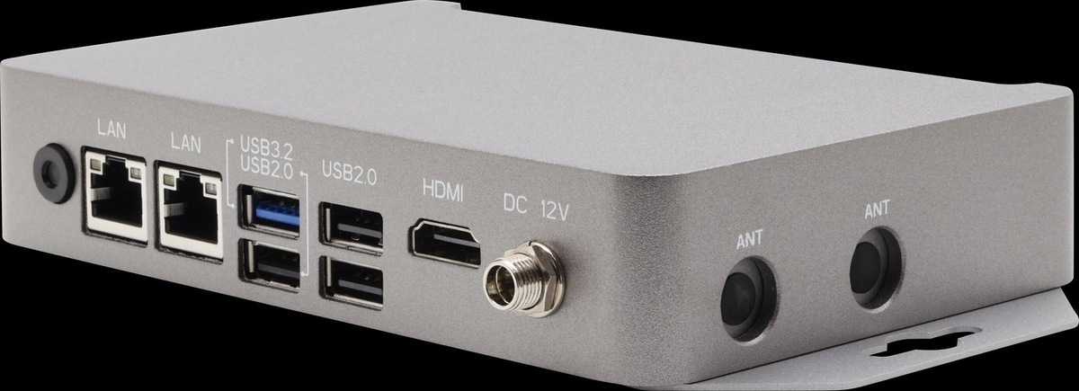    Silver network appliance side panel with two LAN ports, USB ports, HDMI, DC 12V input, and two antenna connectors.