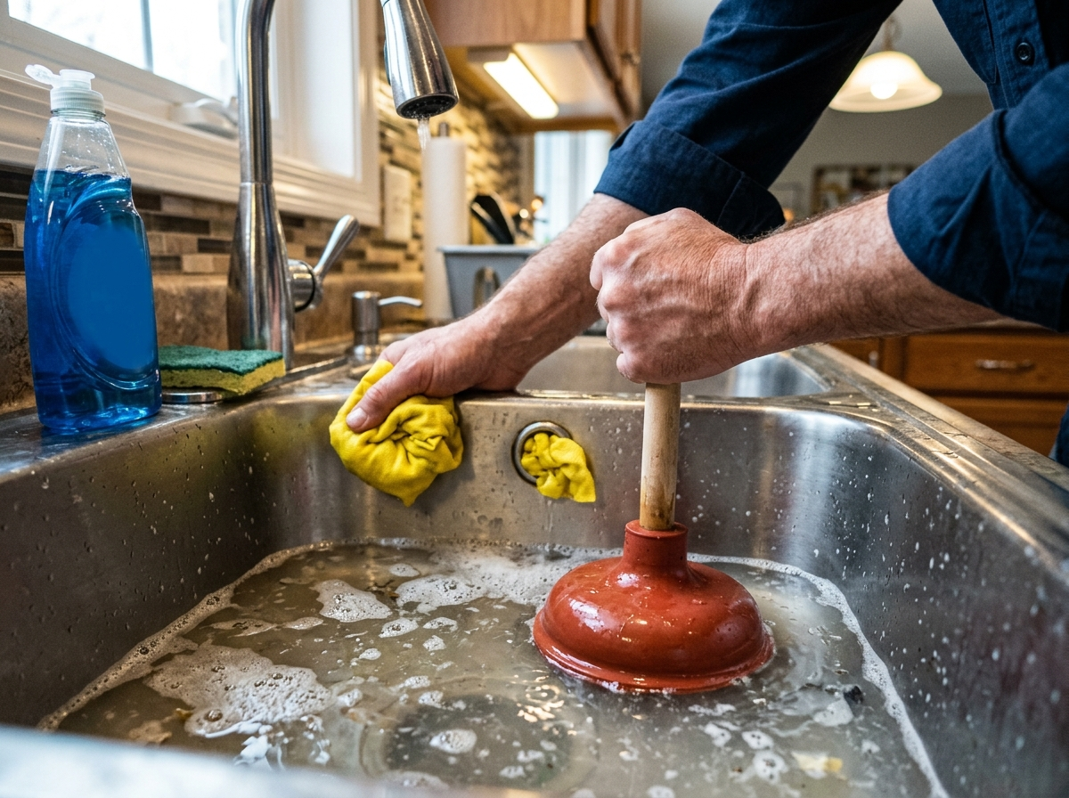 Закрыли перелив тряпкой — и вантуз ожил. Без этого вода так и будет стоять, хоть до второго пришествия качай.