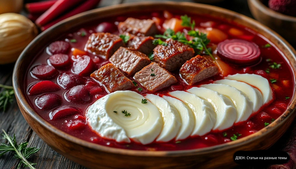 Классический рецепт борща с мясом, свеклой и капустой