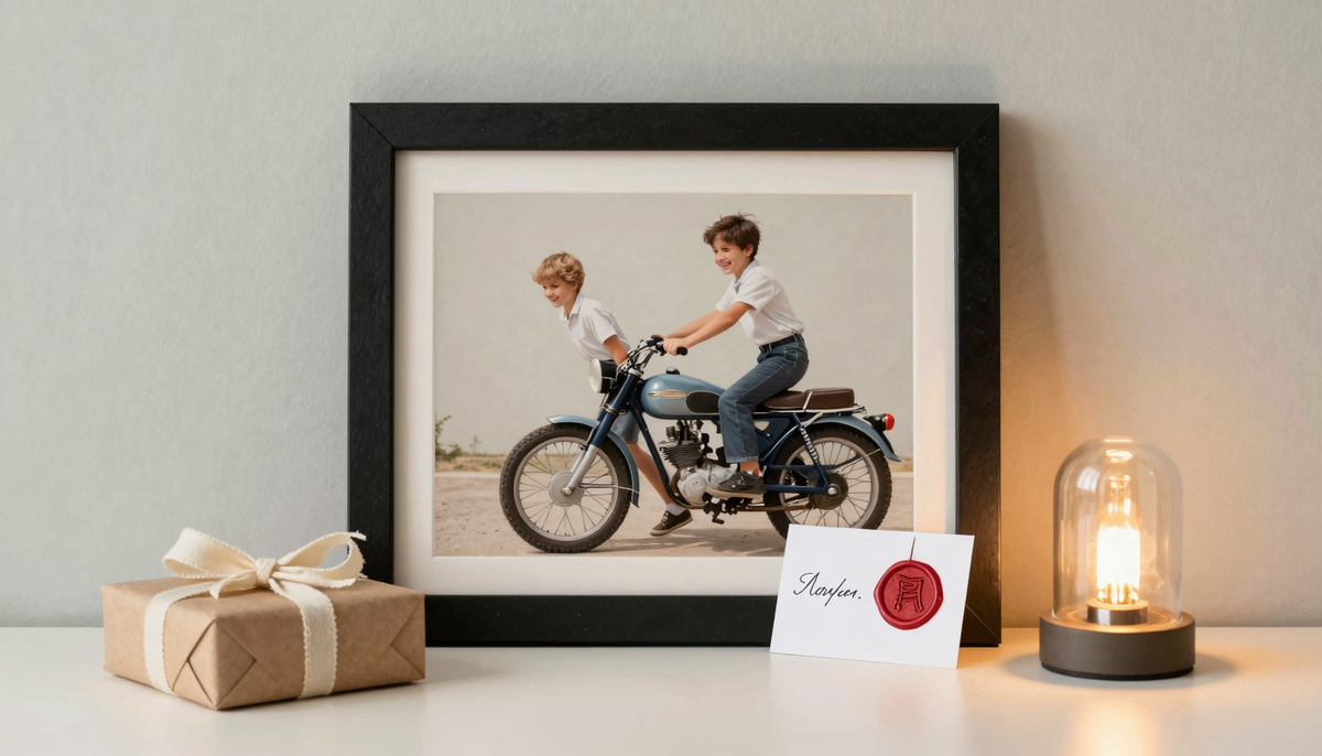 Подарок папе без повода - его фотография в детстве с другом и с мотоциклом в рамке, подарок в крафтовой бумаге с лентой, карточка с сургучной печатью на столе.