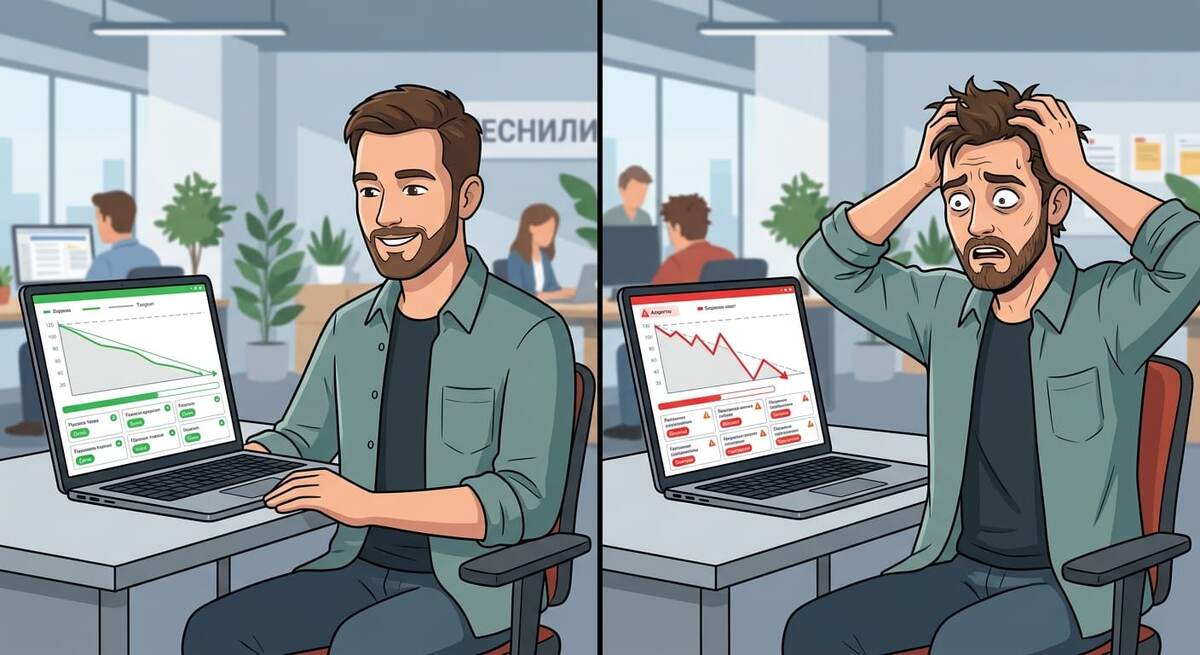    Понедельник: всё зелёное. Пятница: спринт выполнен на 55%.