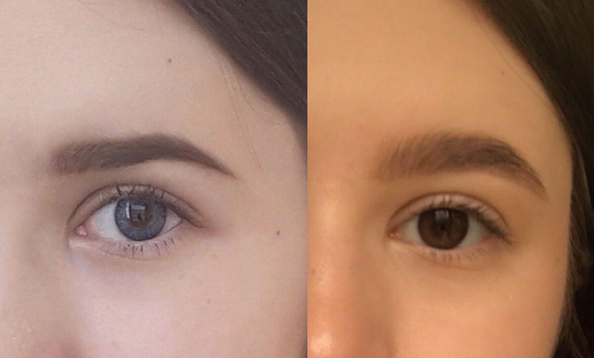 Промежуточный результат, на обоих фотографиях брови подчеркнуты карандашом и зачесаны гелем, в это время я еще использую масло усьмы. 