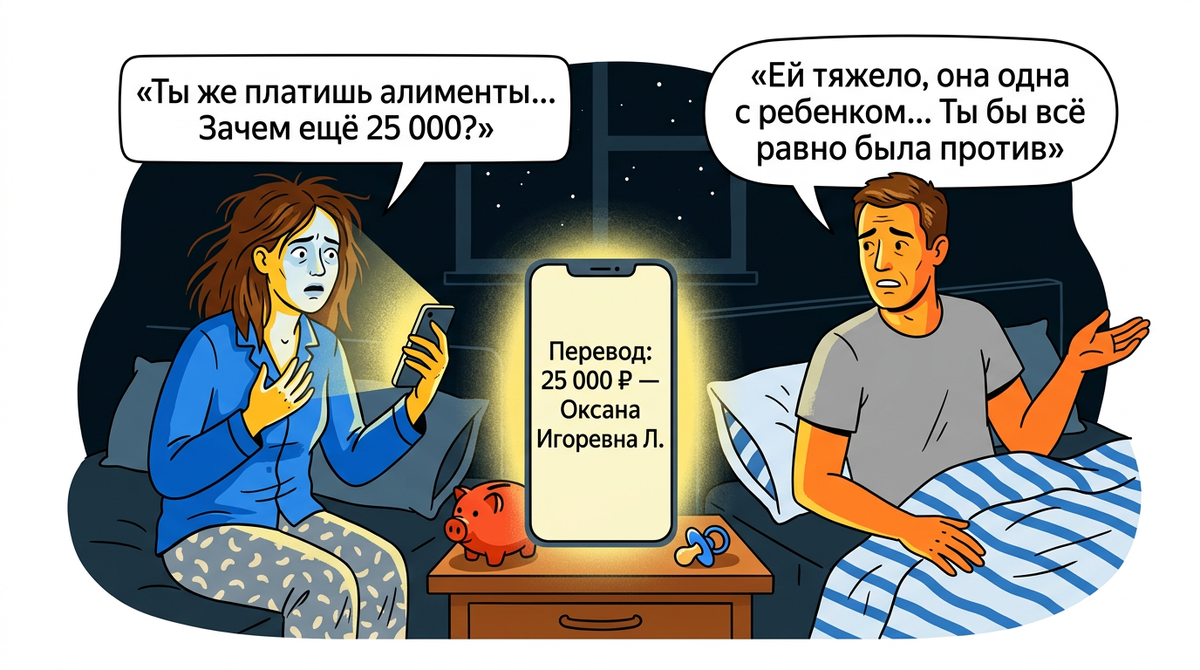 Муж платит алименты 29 тысяч, но втайне переводит бывшей ещё 25. Я узнала случайно — он не извиняется: «Ты бы всё равно была против»