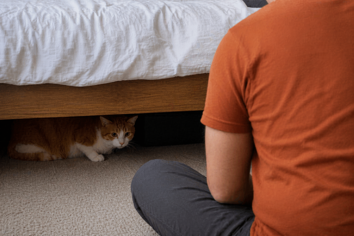 Кошка прячется под кроватью