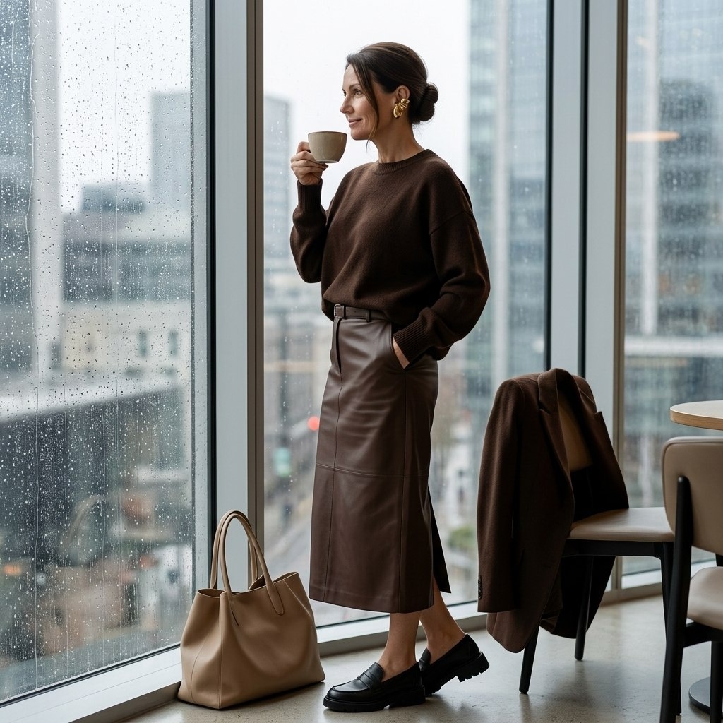 Кофейня с панорамными окнами, серое утро, дождь за стеклом. Тихая роскошь. Дорого, тихо, с достоинством