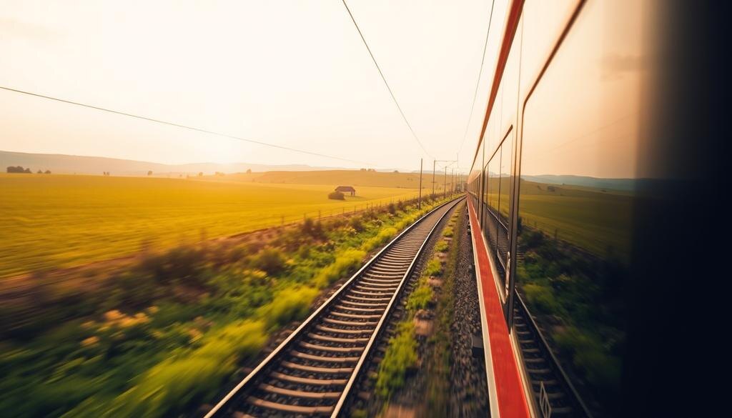    Современный поезд движется по зелёным полям и холмам, символизируя удобство беспроводного интернета в дороге.