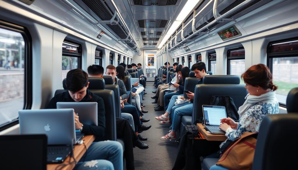    Интерьер поезда с пассажирами, использующими ноутбуки и смартфоны, показывающий, как интернет влияет на их поездку.