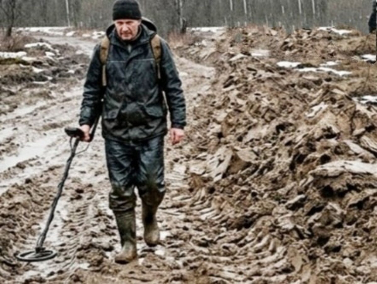 кладоискатель и отвалы земли.