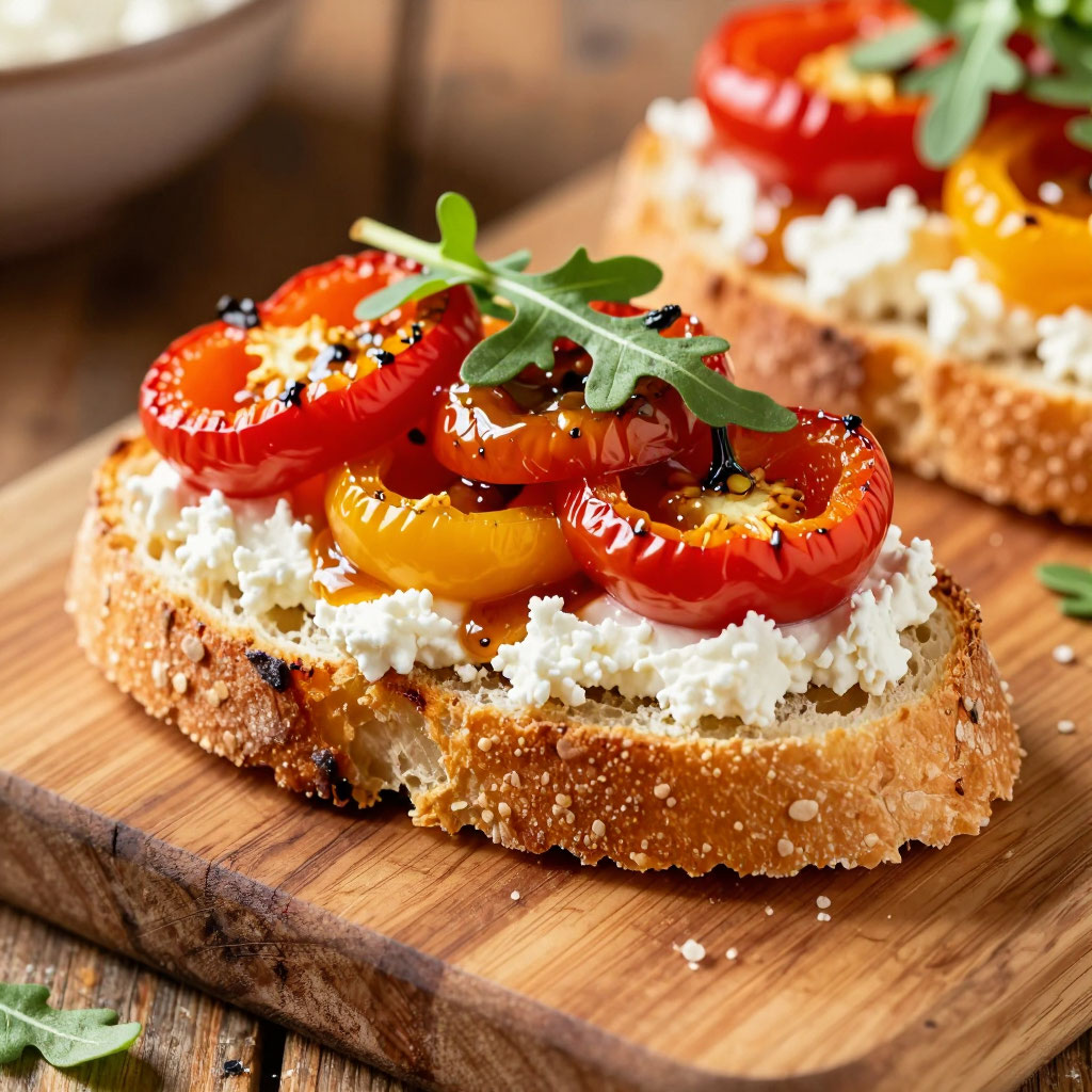 Брускетты с творожным сыром, запечённым перцем и зеленью