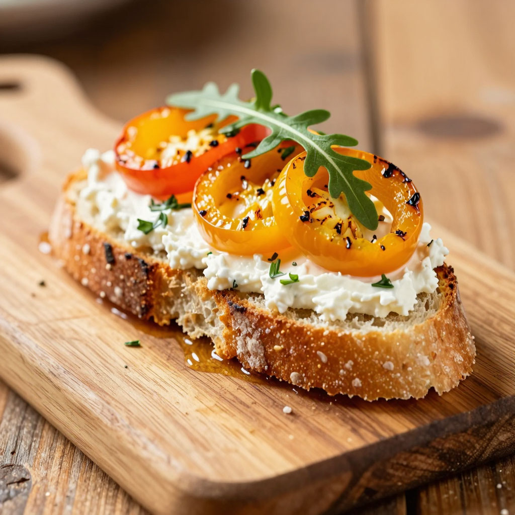 Брускетты с творожным сыром, запечённым перцем и зеленью