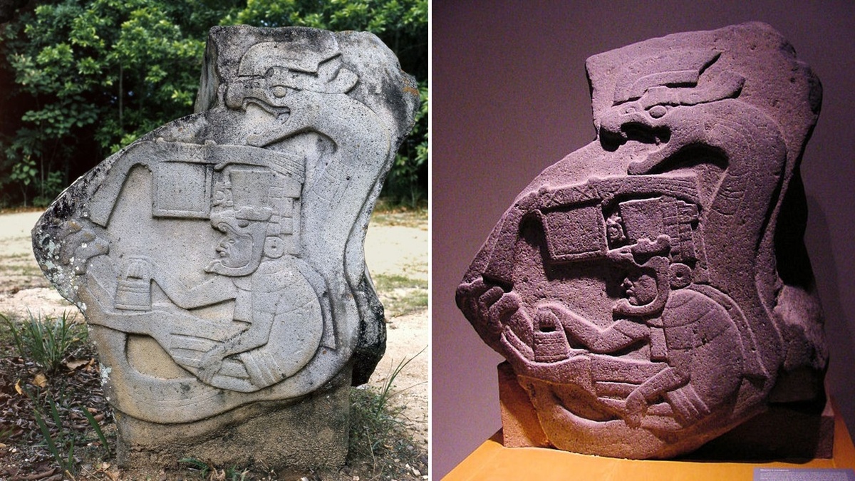 На фотографии: каменная стела ольмеков «La Venta Stele 19», позже известна как «Кетцалькоатль ла Вента». Мезоамерика (около 4,5 тыс. лет назад).