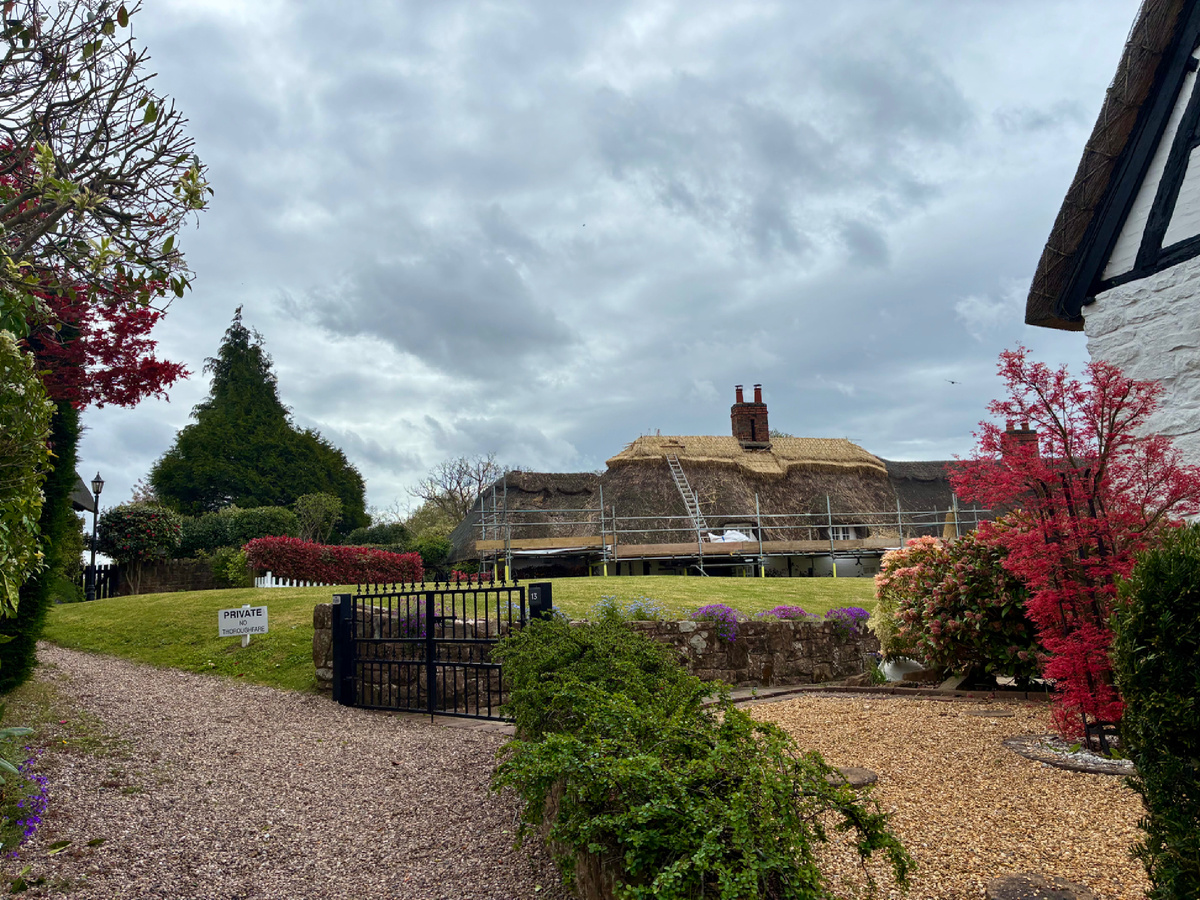 Тот самый ридж (ridge) - свежая соломенная «шапочка» на макушке дома. Видите, как ярко она контрастирует со старой крышей? В Англии это называют patchy - когда дом в заплатках, потому что перекрыть все разом стоит как небольшое поместье. Фото из личного архива