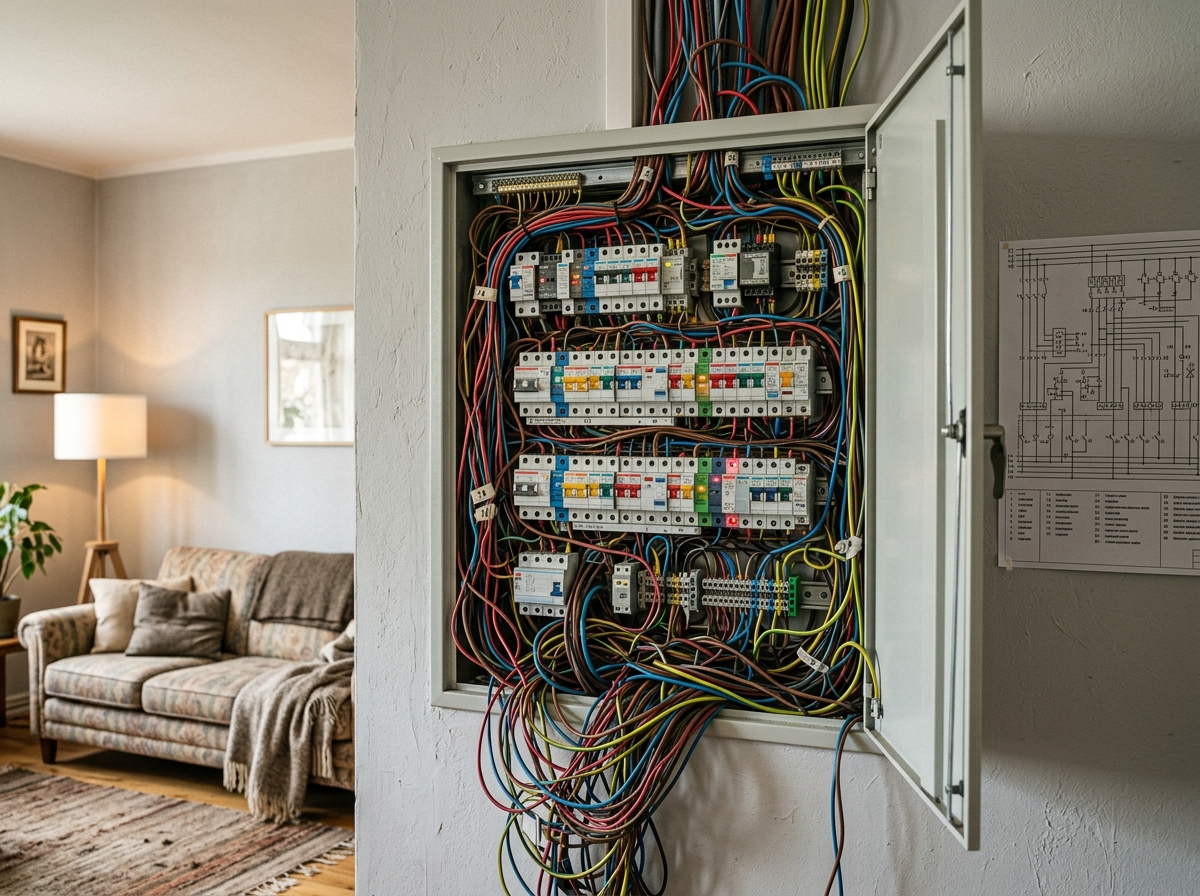Реалистичное фото распределительного щитка с радиальной схемой электропроводки. Десятки автоматов и УЗО, провода расходятся пучками, дверца не закрывается. Иллюстрация к статье о плюсах, минусах и стоимости радиальной проводки в частном доме.