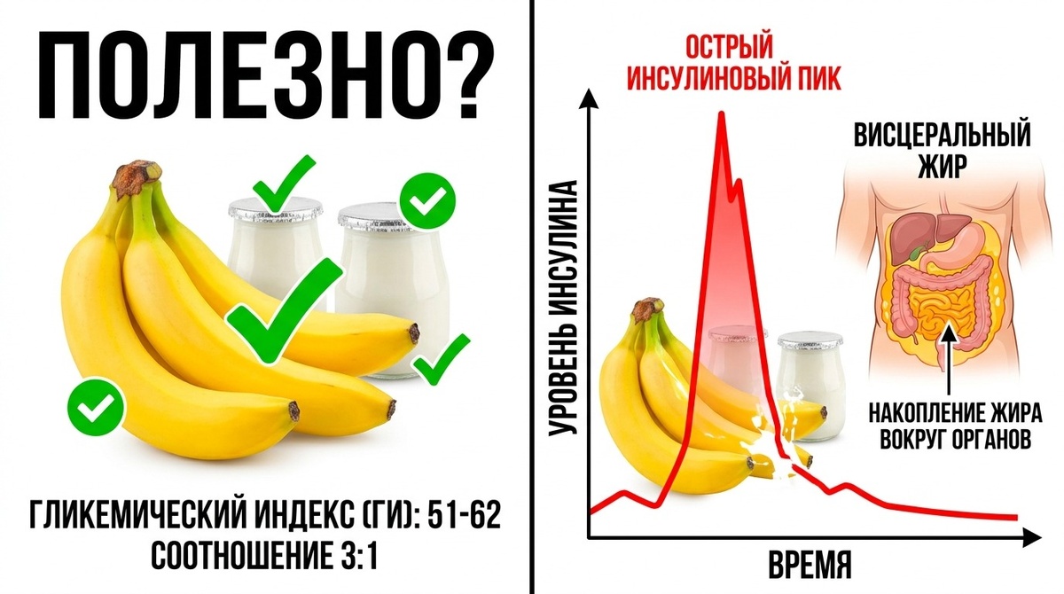 Речь не о том, что банан — это яд. Речь о том, что в сочетании с обезжиренным йогуртом он перестаёт быть безобидным перекусом для человека, чья цель — не набирать вес.