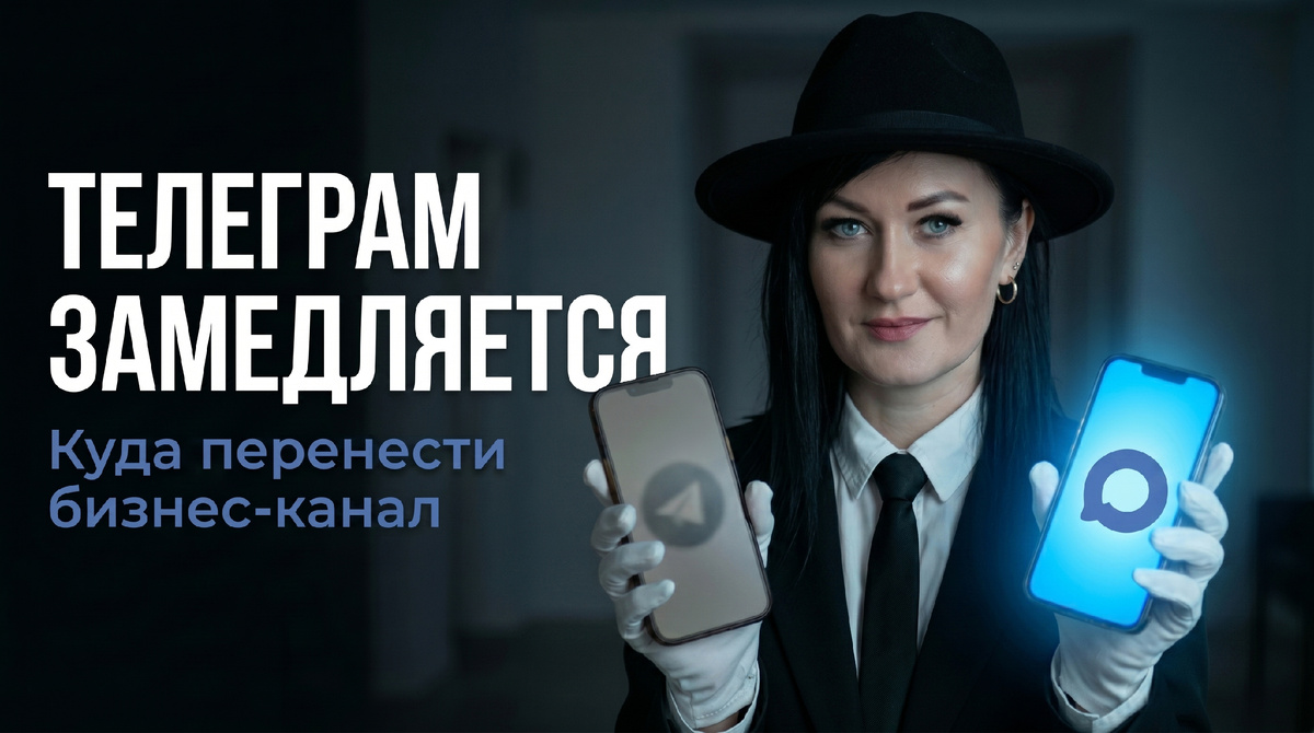 Telegram замедляют в 2026: девушка с двумя телефонами, один тусклый с Telegram, второй светится — куда переносить бизнес-канал и не потерять аудиторию