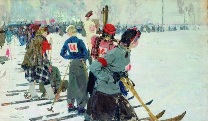 Татьяна Яблонская. Перед стартом. 1947. Холст, масло. 126 х 210. Национальный художественный музей Украины, Киев