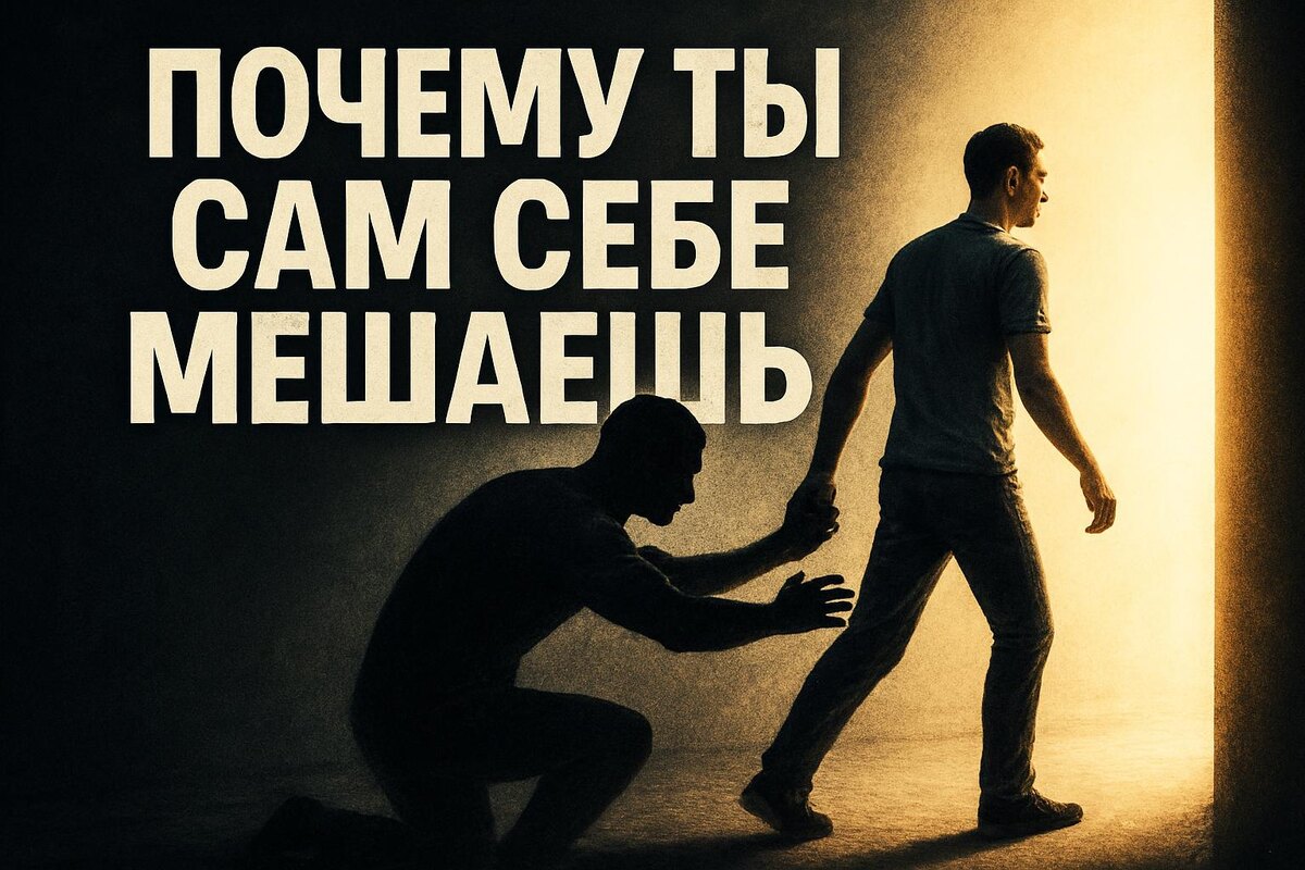 человек тянется вперёд, но его удерживает собственная тень — символ внутреннего сопротивления и самосаботажа