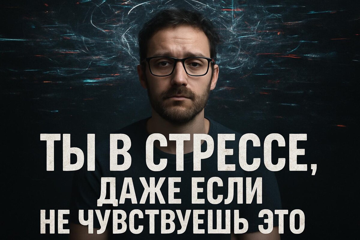 человек с внешне спокойным лицом, но внутри визуальный хаос и напряжение — символ скрытого стресса