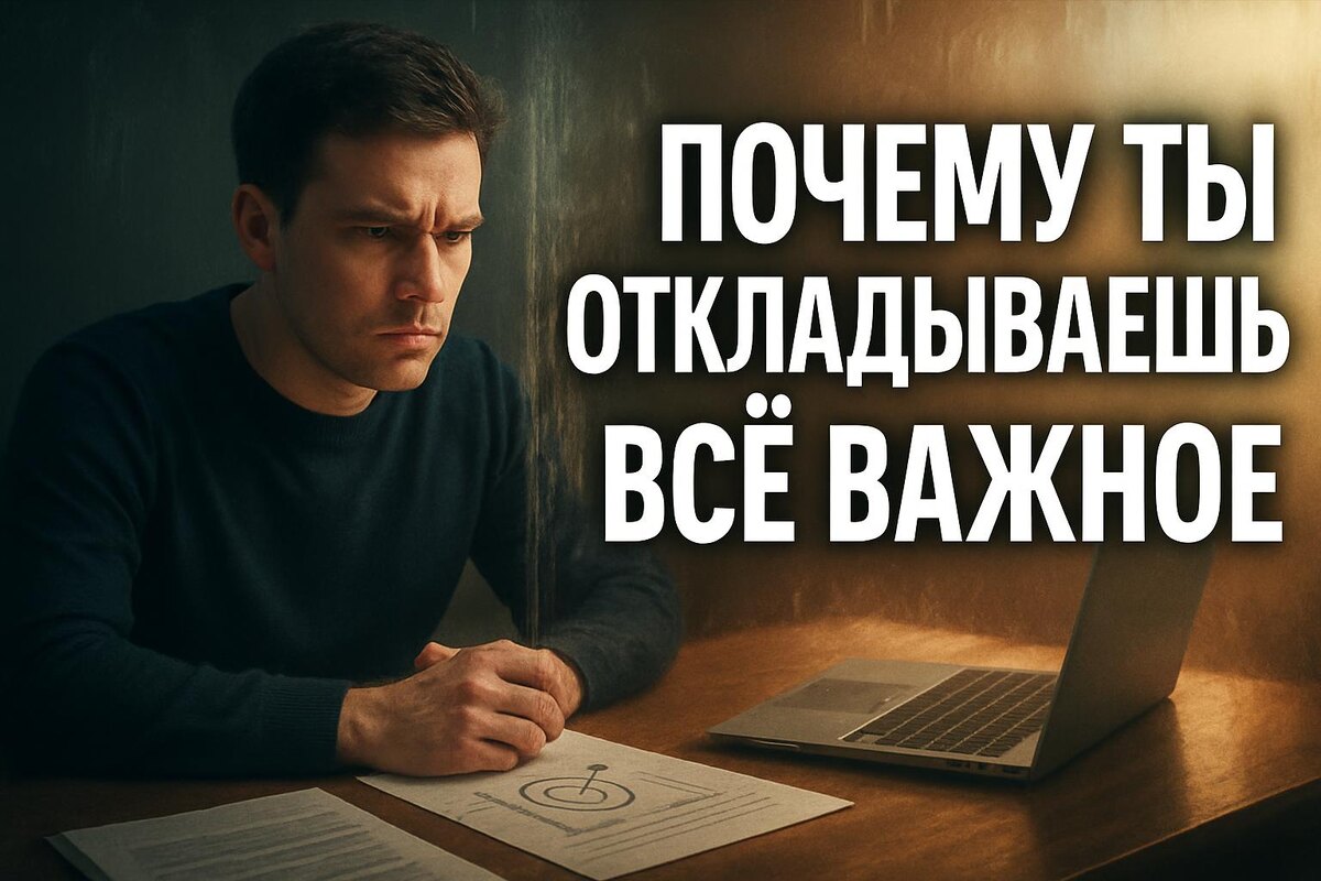 человек сидит перед задачами, но “стена” между ним и действием — символ прокрастинации и внутреннего блока