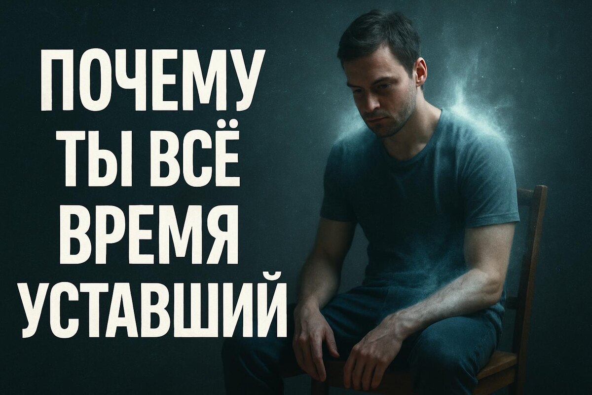 человек сидит без сил, вокруг него визуальный шум и “утечка энергии” — символ внутреннего истощения