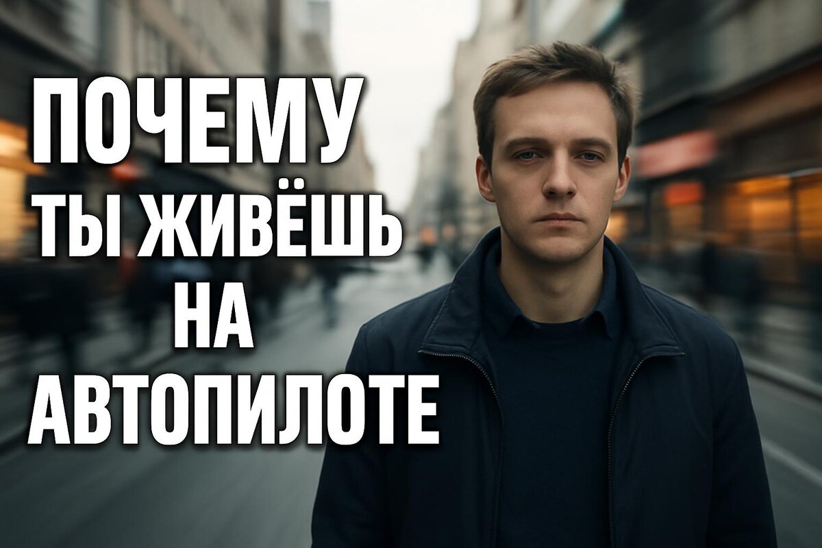 человек идёт по городу, но окружающий мир размывается — символ жизни на автопилоте